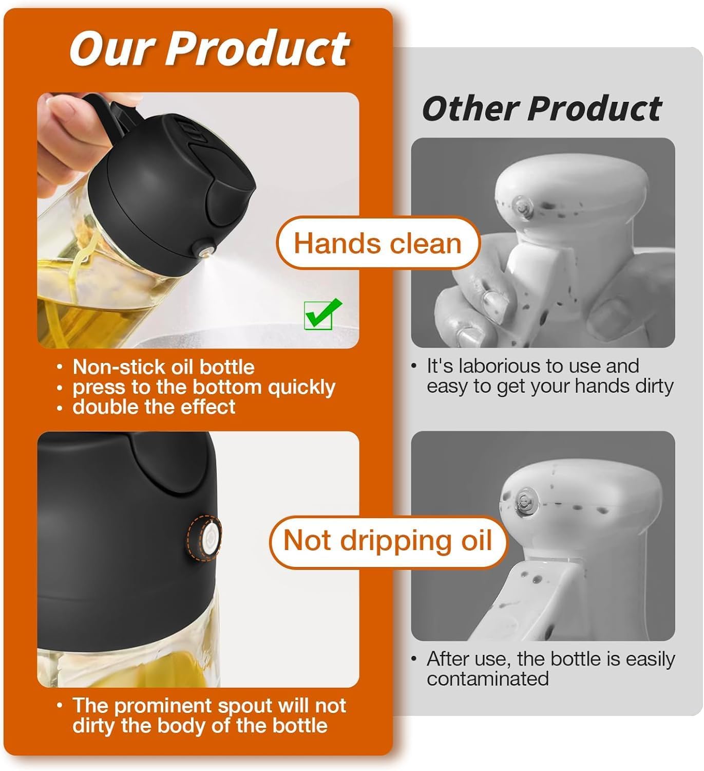 Glass Oil Sprayer and Dispenser Bottle, 500ml Capacity, 2-in-1 Design, Black