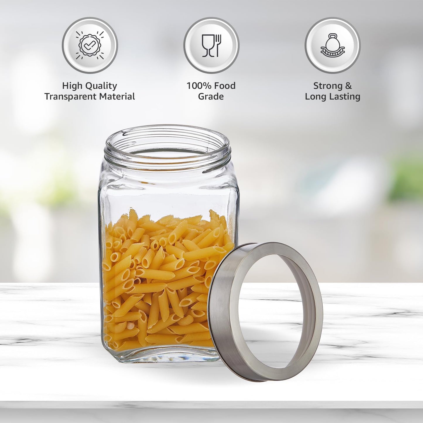 Set of 4 Glass Jars - 1750 ml - BPA-free, Airtight, Transparent
