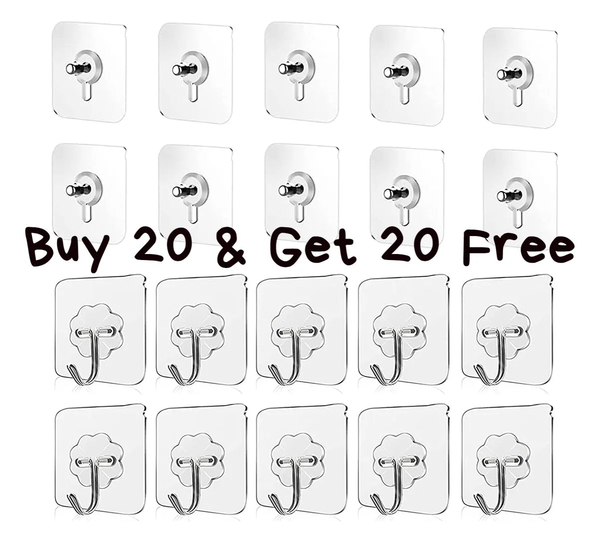 Buy 20 And Get 20 Free Wall Hooks, Heavy Duty Sticky Hooks for Hanging, Waterproof Transparent Adhesive Hooks for Wall (20SCREW+20HOOK)