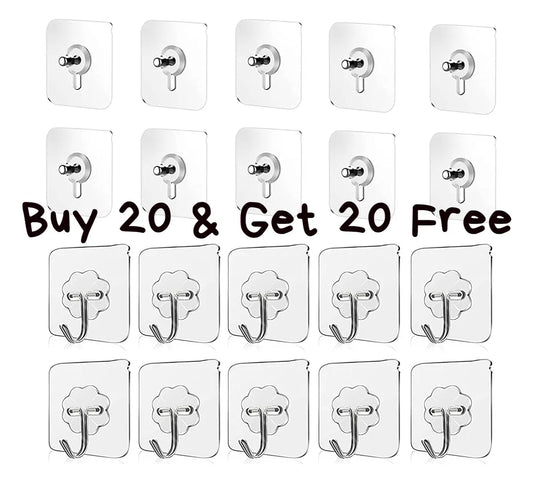 Buy 20 And Get 20 Free Wall Hooks, Heavy Duty Sticky Hooks for Hanging, Waterproof Transparent Adhesive Hooks for Wall (20SCREW+20HOOK)